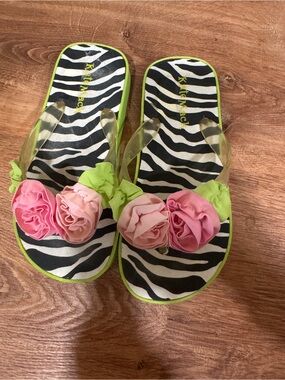 Kate Mack Lime Green and Pink Zebra Print kids Platform Sandal